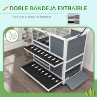 PawHut Conejera de Madera con Ruedas 90x53x97 cm Jaula para Conejos de 2 Niveles con Techo Abatible Bandeja Extraíble Comedero y Rampa Gris y Blanco - details 5