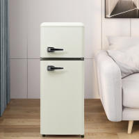 Vintage Nevera. Refrigerador refrigerado, 105,5 cm alto terreno, 41 cm anchura, doules, volumen total 92 litros, volumen freezador 28 litros. Estantes en la puerta y los estantes de cristal. 116 kWh/año, -27 °C ~ 13 °C, Luz LED. - details 0