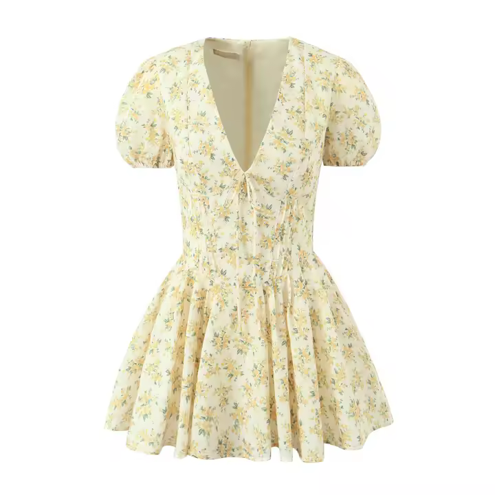 New Women Vintage Puff Short Sleeve V Neck Yellow Floral Print Dress Pleated Hem Female Holiday Summer Mini Robe - 1