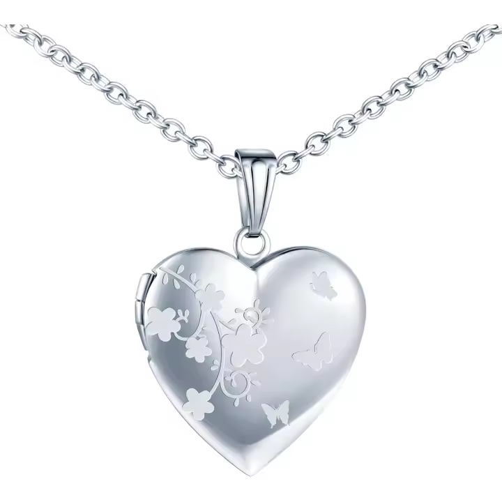 Colgante Medallón de Corazón con Flores y Mariposas, Collar Photo Personalizado para Mujer, Maple inoxidable Collar Relicarios para 2 Fotos Joyería con Cadena 50cm - 1