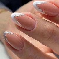 24PCS Uñas Postizas De Alergias Almendradas Con Rayas Blancas Y Línea Plateada Brillante Estilo Francés Para Mujeres Moda Uñas De Fiesta - details 15