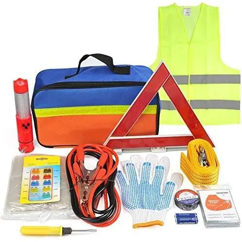 Kit de emergencia para automóvil de 12 piezas, kit de primeros auxilios, kit de seguridad para conductores jóvenes, fusibles planos para automóvil de 3 m, cuerda de remolque, cables puente de 2 m con pinzas de cobre de 500 A - 1