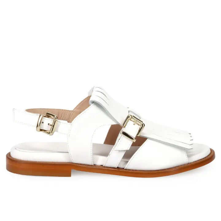 Luca Grossi Sandalias Planas de Mujer en Piel Blanca con flecos H713S - 1