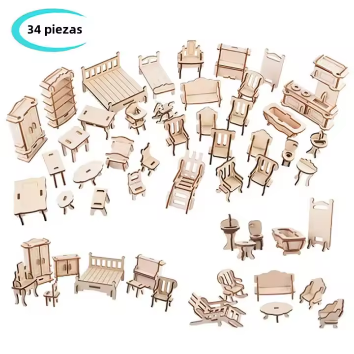 Juego De Puzle 3D De Madera 34 Piezas Miniatura 1:12 Para Casa De Muñecas Accesorios De Construcción DIY Juguetes Educativos Para Niños - 1