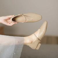 Zapatos Planos De Mujer Elegantes Y Retro Con Hebilla Mary Janes De Punta Cuadrada Rojos Para Primavera Y Otoño Con Suela Suave Y Material De Microfibra - details 1