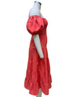 BAMBOOBOY Vestido Largo De Verano Para Mujer Hombros Descubiertos Color Sólido Manga Corta Puff Cuello Abierto A-Line Cintura Alta Midi Sundress - details 4