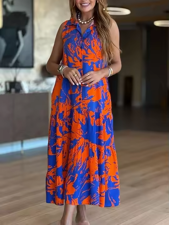 Vestido Midi Sin Mangas De Mujer Talla Grande Con Estampado Floral Y Cuello En Punto Botones a Lo Largo Estilo Casual - 1