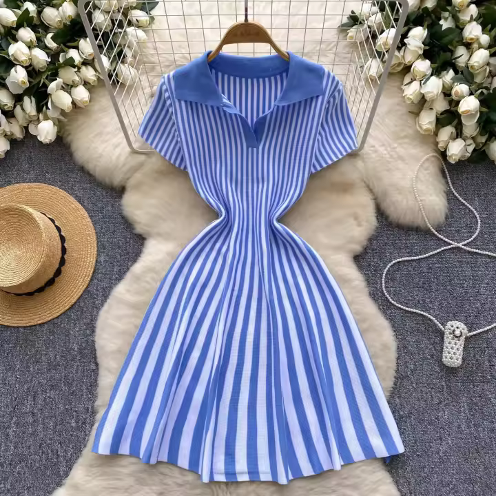 YuooMuoo Vestido Corto A-Line De Moda Y2K Para Mujer Manga Corta Estilo Casual Rayado Tejido Suave Vestido De Verano Para Calle Mujeres - 1