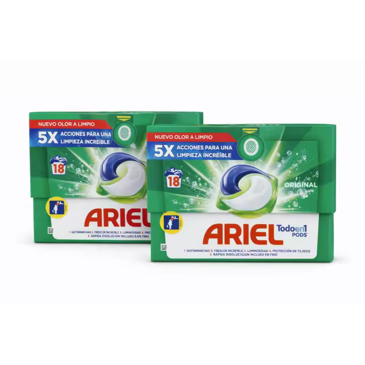 Pack 2 Cajas Ariel Pods Original 18+18 (36 lavados) Limpieza profunda, frescor duradero y máxima eficacia - 1