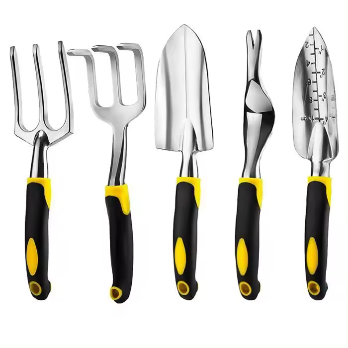 Kit de herramientas de jardinería, Pala y rstrillo de aleación de Aluminio, con mango de plástico, color Amarillo, 5 Unidades - 1
