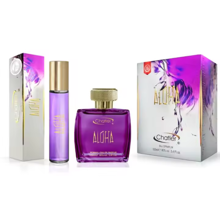 PACK ALOHA WOMAN  (130ML)-----EAU DE PARFUM ALOHA WOMAN 100ML Y EAU DE PARFUM ALOHA  30ML -----30ML PERFECTO PARA EL BOLSO ---MARCA CHATLER---FRAGANCIA DURADERA, DURACIÓN 8 HORAS--- PERFUME VEGANO - 1