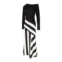 Vestido Maxi Para Mujer Elegante Y Casual En Negro Y Blanco Patchwork Slim De Poliéster Para Otoño Moda Streetwear - details 8