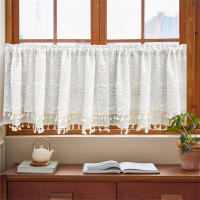 Cortina Boho Valance Blanco En Lona Transparente Para Cocina Baño Farmacia Café Doble Capa Con Borde De Borla Media Ventana - details 1