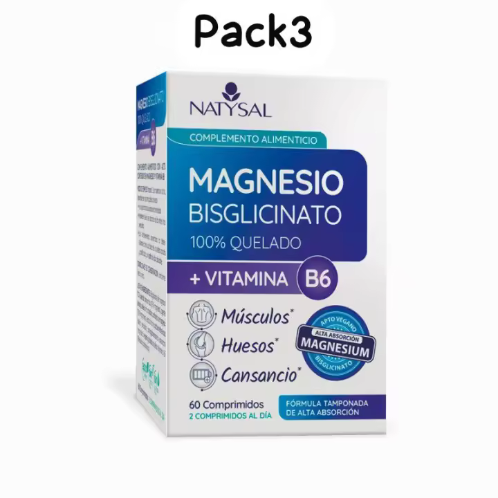 Magnesio Bisglicinato 100% Quelado + B6 de Natysal 60 Comprimidos. Pack 3 la unidad sale a 10.5 - 1