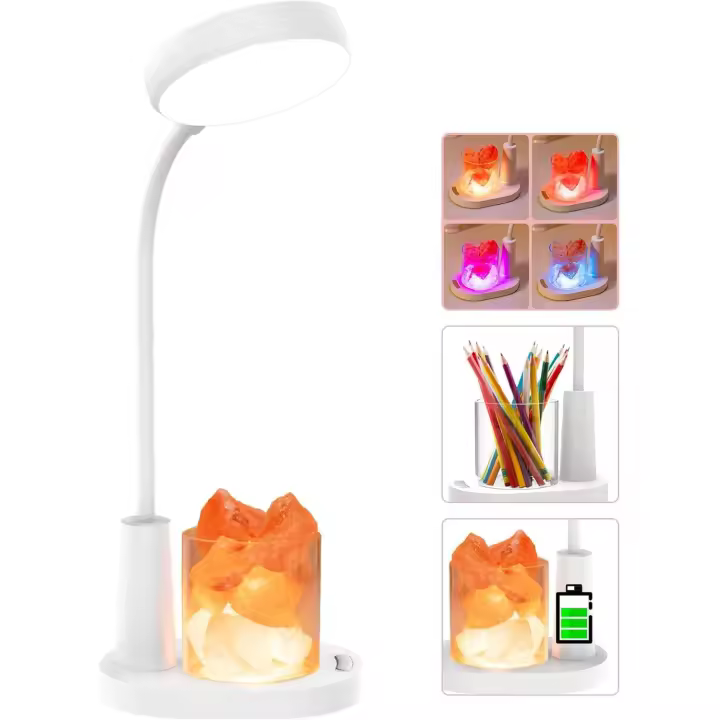 SOMY Lámpara de escritorio para niños, lámpara de mesa con sal del Himalaya, lámpara de noche que cambia automáticamente de color, con portalápices, lámpara de lectura recargable regulable para niños, luz nocturna blanca - 1
