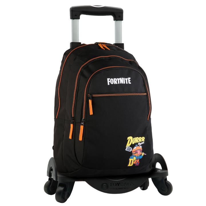 Mochila Escolar Fortnite Durrr  Primaria Doble Compartimento + CARRO TOYBAGS CON 4 RUEDAS GIRATORIAS