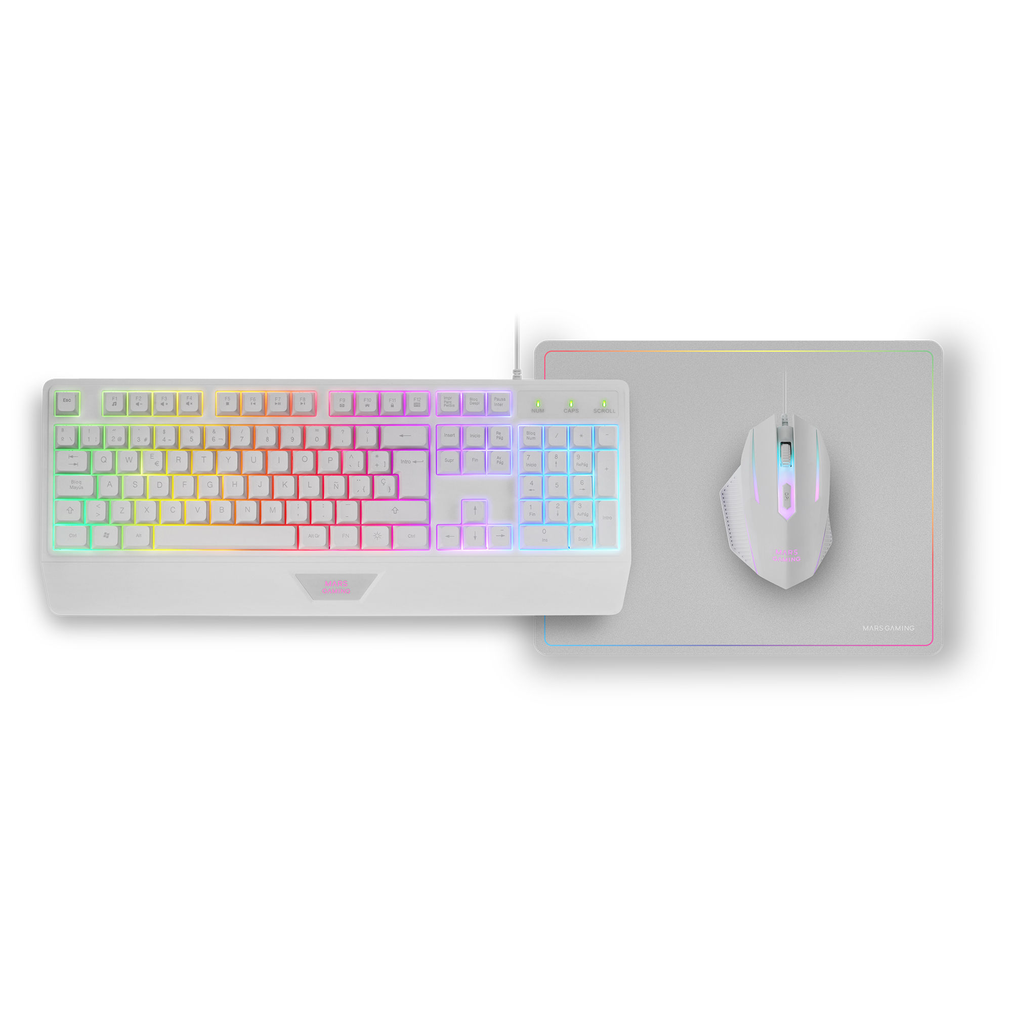 Mars gaming MCP124 Combo Gaming 3en1, Teclado Ergonómico H-Mech LED RGB, Ratón RGB 3200DPI Switches HUANO, Alfombrilla Nanotextil 360x260mm, Compatibilidad Multiplataforma, Combo PC Negro o Blanco con Layout Español, Francés o Portugués