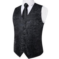 Chaleco De Seda Para Hombre Negro Con Paisaje Solido Para Boda Y Baile De Promoción Chaqueta De Cintura Con Corbata Para Traje DiBanGu - details 5