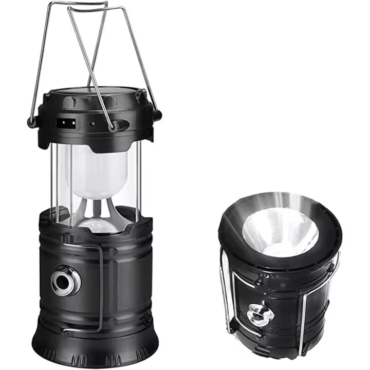 Linterna solar para acampar, iluminación para carpas con interfaz USB, linterna para jardín, granja, patio, linterna recargable impermeable, soporte de carga para teléfono móvil (negro) - 1