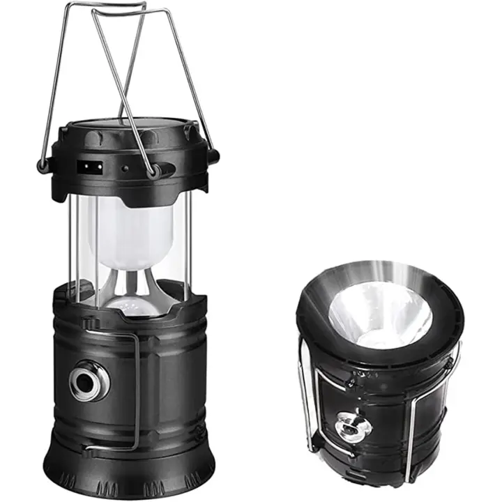 Linterna solar para acampar, iluminación para carpas con interfaz USB, linterna para jardín, granja, patio, linterna recargable impermeable, soporte de carga para teléfono móvil (negro) - 1