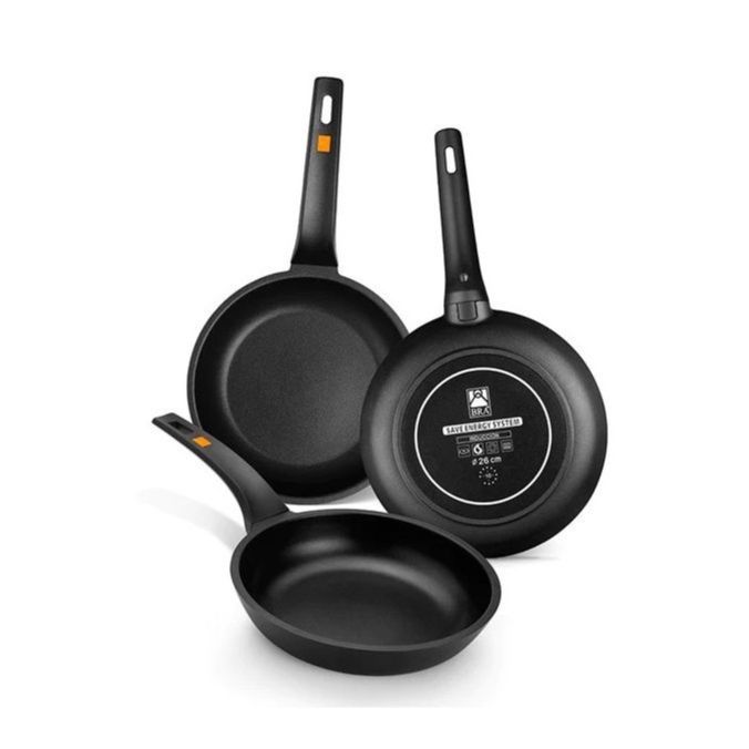 Bra - Set 3 Sartenes Efficient, Lote 18cm + 22cm + 26cm, Aluminio Fundido, Revestimiento Antiadherente, Mango Ergonómico