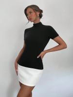Vestido Corto De Verano Con Cuello Alto Media Altura Manga Corta Color Coordinado Ajustado Para Mujer Oficina Y Compra Diaria - details 4
