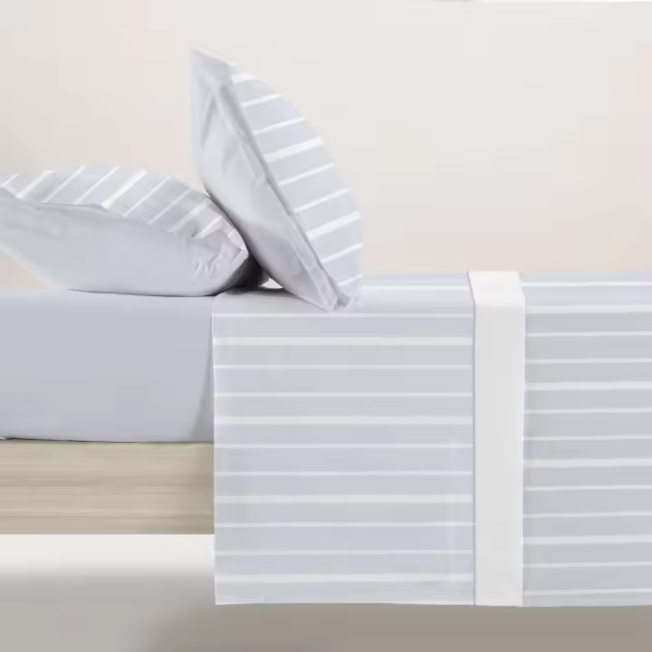 Manterol - Juego de sábanas estampado rayas y espigas beige, gris y azul. Calidad 50% Algodón 50% Poliéster. Incluye bajera ajustable, encimera y fundas de almohada. Sábana ligera y fresca, ideal para primavera, verano y entretiempo. - 1