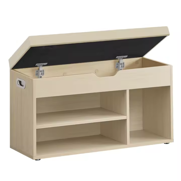 VASAGLE Banco Zapatero con Cojín, Banco de Almacenamiento, 3 Compartimentos, Almacenamiento Oculto, Estantes, para Sala de Estar, Pasillo, Dormitorio, Carga de 150 kg, Negro Ébano/Beige Natura/Blanco Nube y Gris Paloma - 1