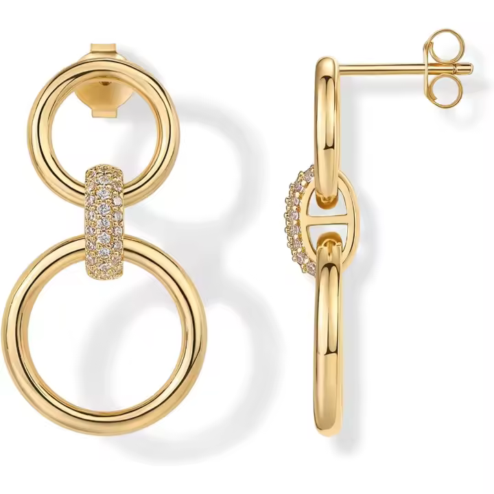 Pendientes de Ao triple Gruero chapados en oro de 14K para Mujer | Pendientes de circonita cúbica | Pendientes de Gota CZ en oro Amarillo - 1
