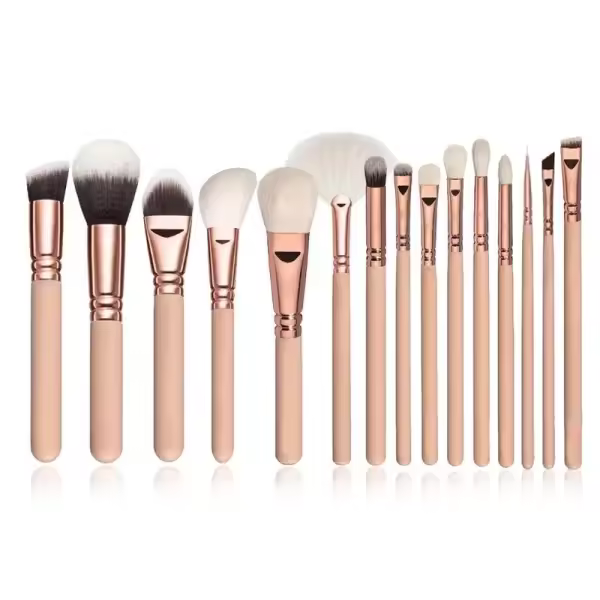 Juego de 15 brochas de maquillaje rosa con bolsa de PU - Herramientas de belleza doradas - Brochas de maquillaje sintéticas de calidad premium - Base de cosméticos, mezcla, colorete, delineador de ojos - Brocha para polvo facial - 1