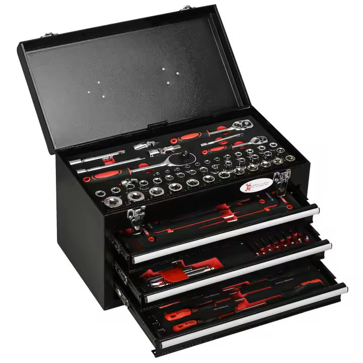 DURHAND Maletín de herramientas Juego de herramientas de 116 piezas, caja de herramientas llena, caja de herramientas con llave de tubo, carraca, mango, 3 cajones, carcasa de acero, negro - 1