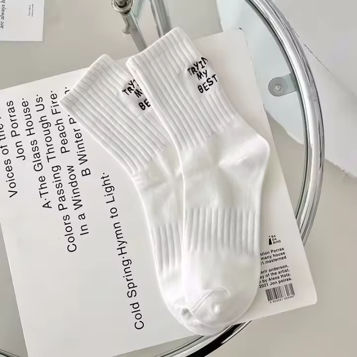 Calcetines De Mujer Estilo Japonés Bordados Con Letras Transpirables Para Primavera Verano Deporte Calcetines Blancos Para Niñas - 1