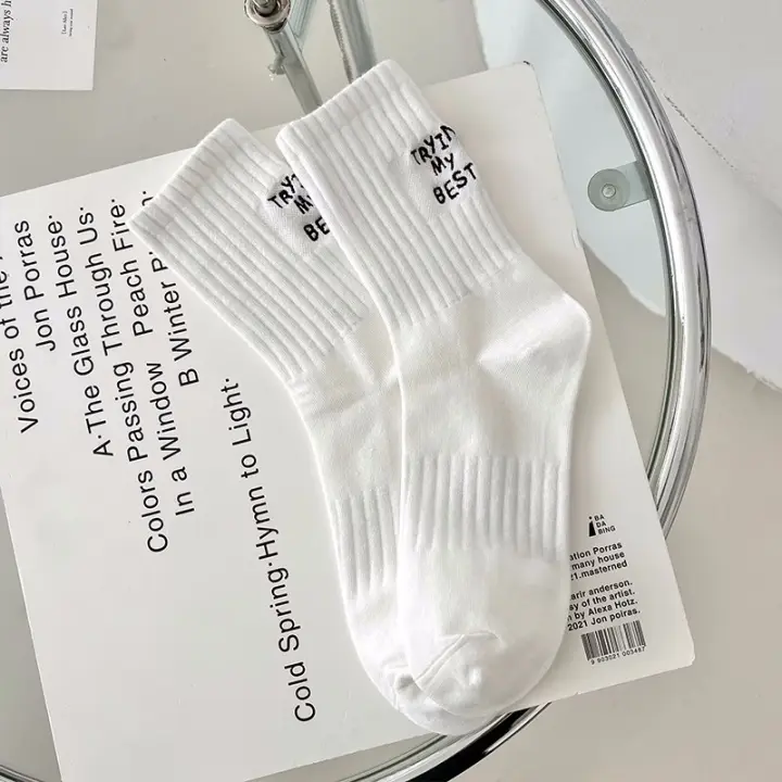Calcetines De Mujer Estilo Japonés Bordados Con Letras Transpirables Para Primavera Verano Deporte Calcetines Blancos Para Niñas - 1