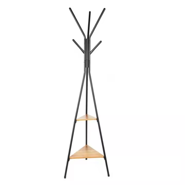 Perchero de pie 180 cm negro丨Perchero con 2 estantes de madera丨Diseño moderno y elegante丨Almacenamiento para abrigos largos丨Estantes para accesorios y decoración丨Ideal para entradas y recibidores - 1