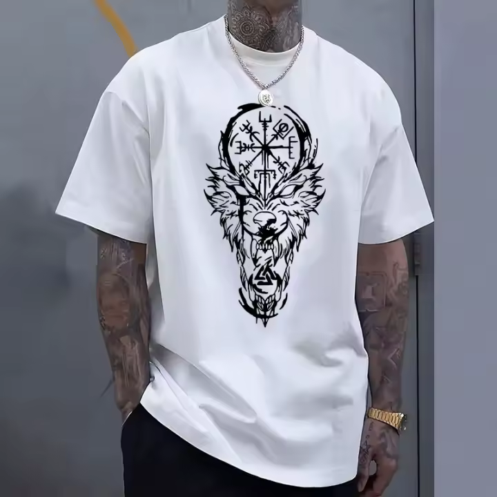Camiseta Casual Para Hombres 100% Algodón Cuello Redondo Manga Corta Estampado De Lobo Vikingo Antiguo Camiseta Suave Y Cómoda Para Uso Diario Y Externo - 1