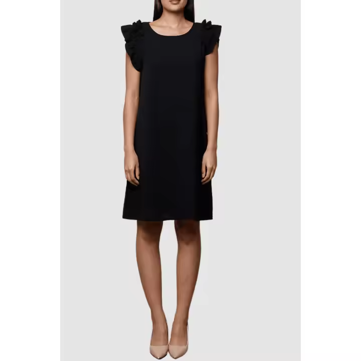Vestido liso para mujer marca BanBat, con cuello redondo y manga corta con un delicado detalle de volantes en los hombros que le aporta un toque único y elegante- REF: P58871-1 - 1