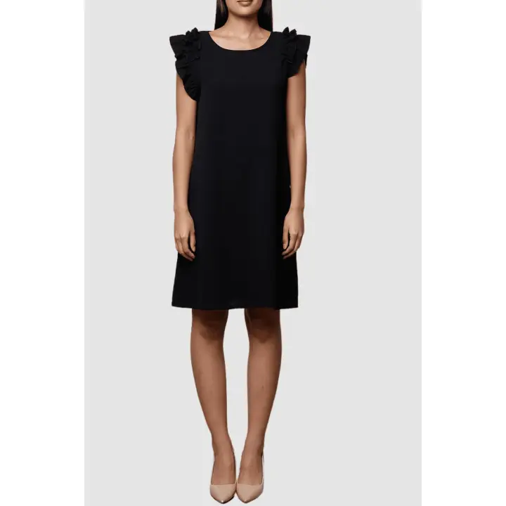 Vestido liso para mujer marca BanBat, con cuello redondo y manga corta con un delicado detalle de volantes en los hombros que le aporta un toque único y elegante- REF: P58871-1 - 1