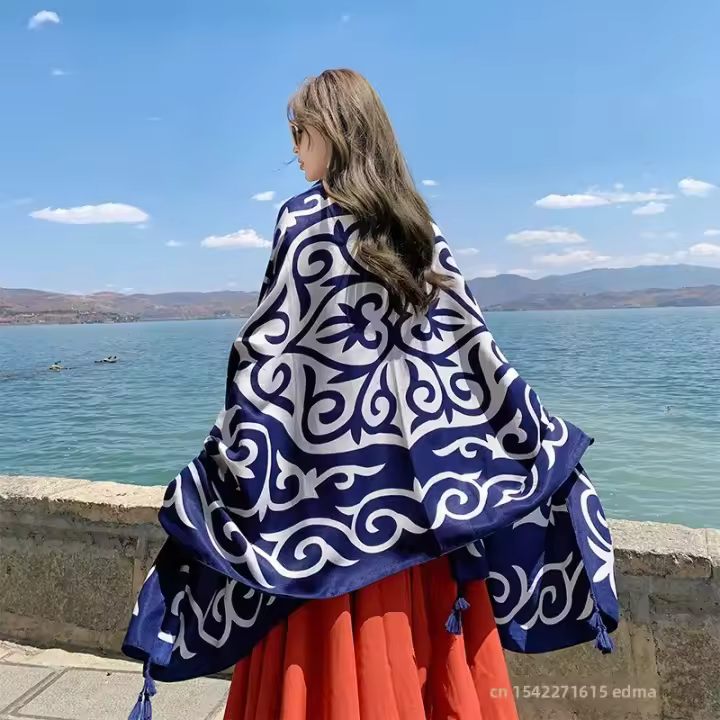 Bufanda De Playa Bohemia Para Mujer Pashmina Floral Estilo Fashion Verano Hijab Envoltura Echarpe Decorativa Polyester Sin Costuras - 1