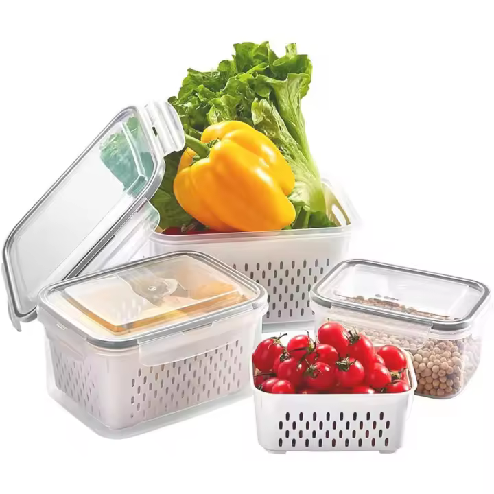 Juego de 3 recipientes para alimentos para refrigerador de 0.85l + 1.75L + 3.3L, almacenamiento con canasta de drenaje - 1