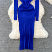 Vestido Largo A-Line Elegante De Cintura Alta Con Escote En V Para Mujer REALEFT Knitted Wrap Vestido De Poliéster Otoño Invierno - details 16