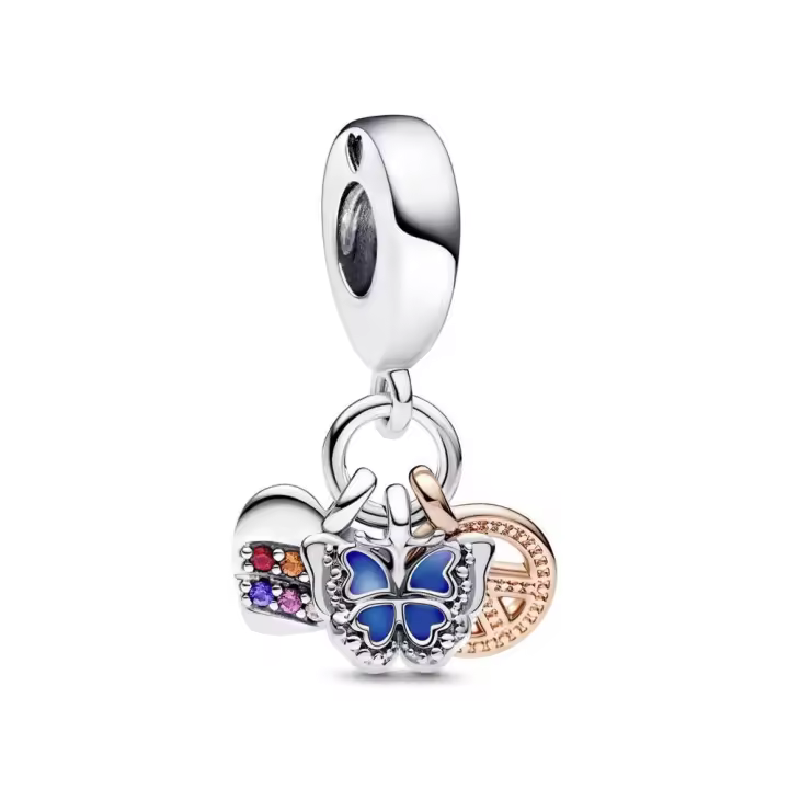 PANDORA Charm Colgante Triple Plata de Ley Oro Rosa 14k Corazón Arcoíris Mariposa Paz Joyería Infantil - 1