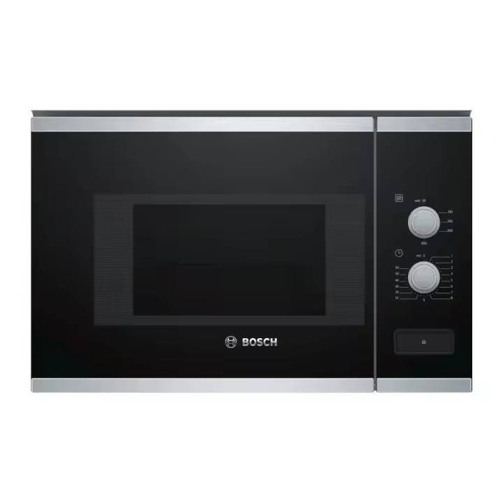Bosch - Microondas integrable sin marco BFL520MS0 Serie 4 de 20 L y 800–1000 W con plato giratorio de 25,5 cm, asistente de limpieza y apertura lateral izquierda, cristal negro/inox para cocina integrada - 1