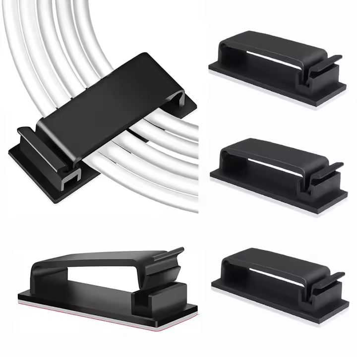 Clips adhesivos para gestión de cables, 20 unidades, para el hogar, la oficina, el ordenador y para sujetar varios cables debajo del escritorio (negro) - 1