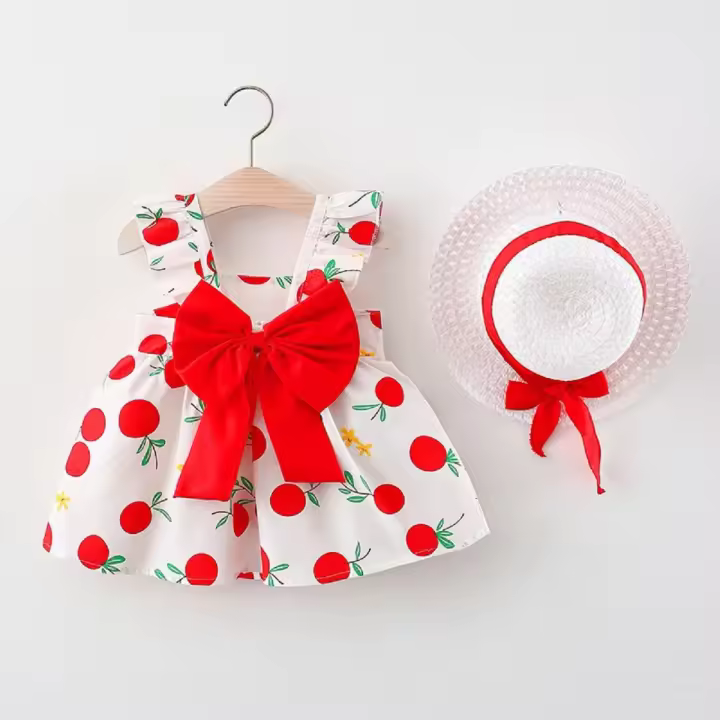 Conjunto De 2 Piezas Vestido De Verano Para Niñas Estilo Nuevo Con Sombrero Y Lazo Splice Lemon Imprimir Encaje Sin Mangas Longitud De Pierna Vestido De Niñas - 1