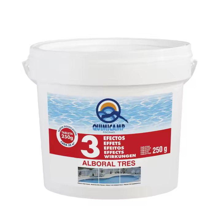 Cloro 3 Efectos Alboral PS Quimicamp en pastillas de 250g ideal para el mantenimiento continuo del agua de la piscina al tener cloro, algicida y floculante, en diferentes tamaños - 1