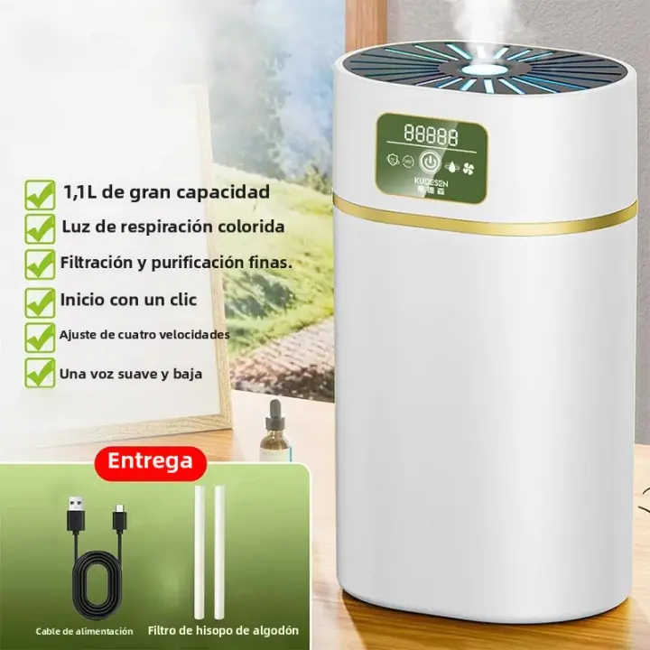 Humidificador Silencioso De Gran Capacidad 1100ml Para Dormitorio Con Aromaterapia Y Luz Ambiental De 7 Colores Para Humidificación Del Aire - 1