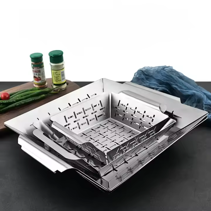 Parrilla De Acero Inoxidable Cuadrada Para Hornear Y Barbacoa Con Agujero Para Drenaje Cesta De Parrilla Para Verduras Herramientas De Barbacoa - 1