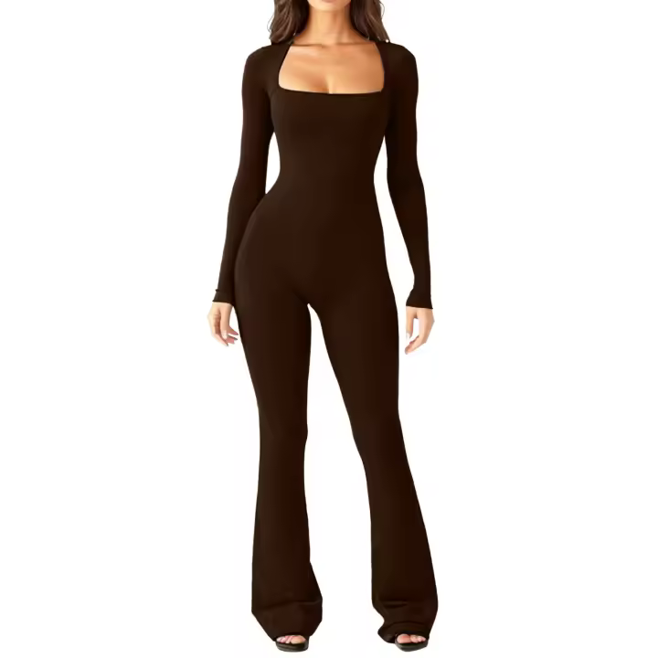 Traje De Yoga Para Mujer Con Manga Larga Cintura Ajustable Levantador De Caderas Neck Square Pierna Ancha Elástico Alto Jumpsuit Sin Costuras Material Poliéster - 1