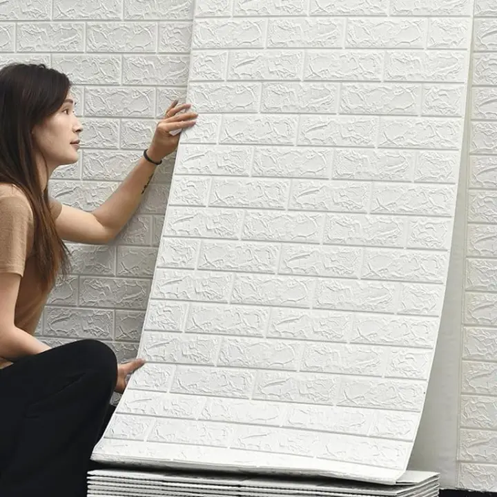 Papel Pintado Autoadhesivo 3D Pared - Efecto Ladrillo de Piedra, Impermeable Grueso Pegatina de Pared, Espuma de Polietileno, para Cuarto de Baño, Dormitorio y Cocina (0.7m x 20m, Blanco) - 1