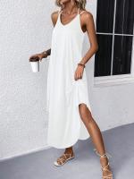 Vestido Maxi Blanco De Encaje Con Tirantes Y Abertura En La Manguera Para Mujer Talla Grande Estilo Punk Con Cuello En V - details 5